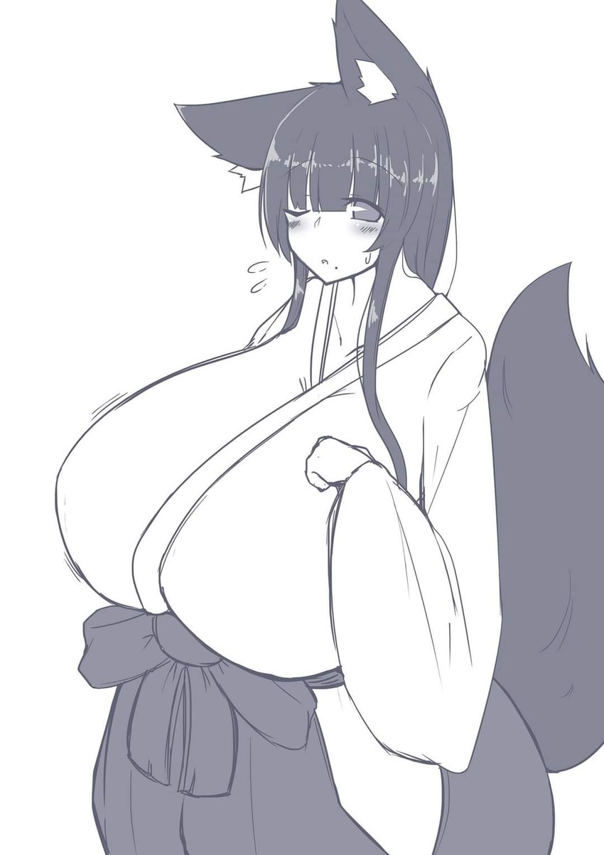 asian_clothing big_breasts black_body black_fur black_hair blush bottomwear breasts clothed clothing curvy_figure east_asian_clothing female fully_clothed fur hair hakama haori huge_breasts inner_ear_fluff japanese_clothing light_body light_skin long_hair looking_at_viewer markings miko_outfit mole_(marking) monotone_body monotone_fur monotone_hair monotone_tail no_pupils one_eye_closed shrine_maiden simple_background solo standing tail three-quarter_view tuft voluptuous white_background white_haori white_inner_ear_fluff wide_hips puti_mk_ii animal_humanoid canid canid_humanoid canine canine_humanoid fox_humanoid humanoid mammal mammal_humanoid digital_media_(artwork) greyscale hi_res monochrome portrait three-quarter_portrait