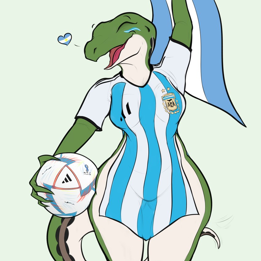 anthro argentina argentine_flag ball bottomless breasts clothed clothing eyes_closed female flag open_mouth shirt smile soccer_ball solo topwear uniform vagoncho hinampa_(vagoncho) lizard reptile scalie 1:1 2022 hi_res