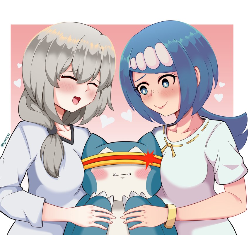 ambiguous_gender blue_eyes blue_hair blush bracelet breasts collarbone eyes_closed fangs female feral gradient_background grey_hair group hair heart_symbol hug jewelry mature_female pink_background poking simple_background teeth trio kusero_93 nintendo pokemon uzaki-chan_wa_asobitai! lana's_mother tsuki_uzaki generation_1_pokemon human mammal pokemon_(species) snorlax absurd_res crossover hi_res