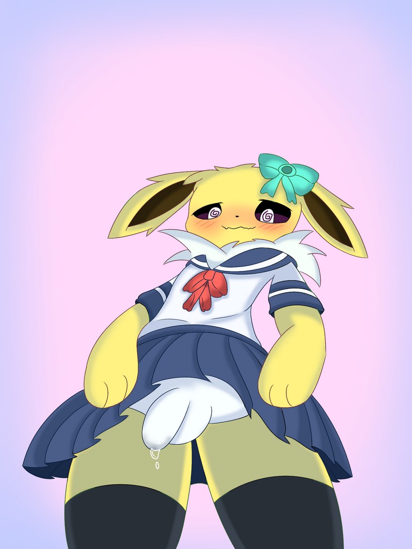 anthro blush bodily_fluids clothed clothing crossdressing feral fur genital_fluids genitals high-angle_view legwear looking_at_viewer male penis precum presenting presenting_penis ribbons school_uniform simple_background smile solo thigh_highs topwear underwear uniform yellow_body yellow_fur rael nintendo pokemon eeveelution generation_1_pokemon jolteon pokemon_(species) 3:4 hi_res