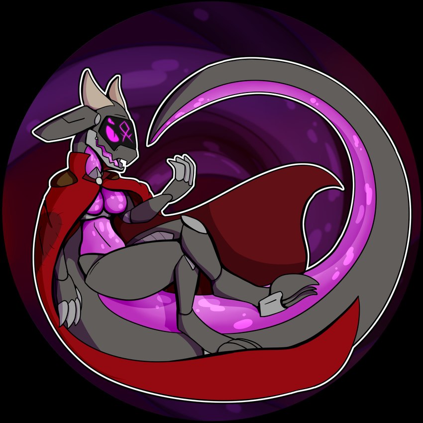 4_eyes anthro big_tail breasts cape cloak clothing crossed_legs featureless_breasts female horn huge_tail hyper hyper_tail machine multi_eye open_mouth purple_body sitting_on_tail solo tail captain_kobold hybrid kobold robot scalie synth_(vader-san) 1:1 2022 hi_res purple_theme