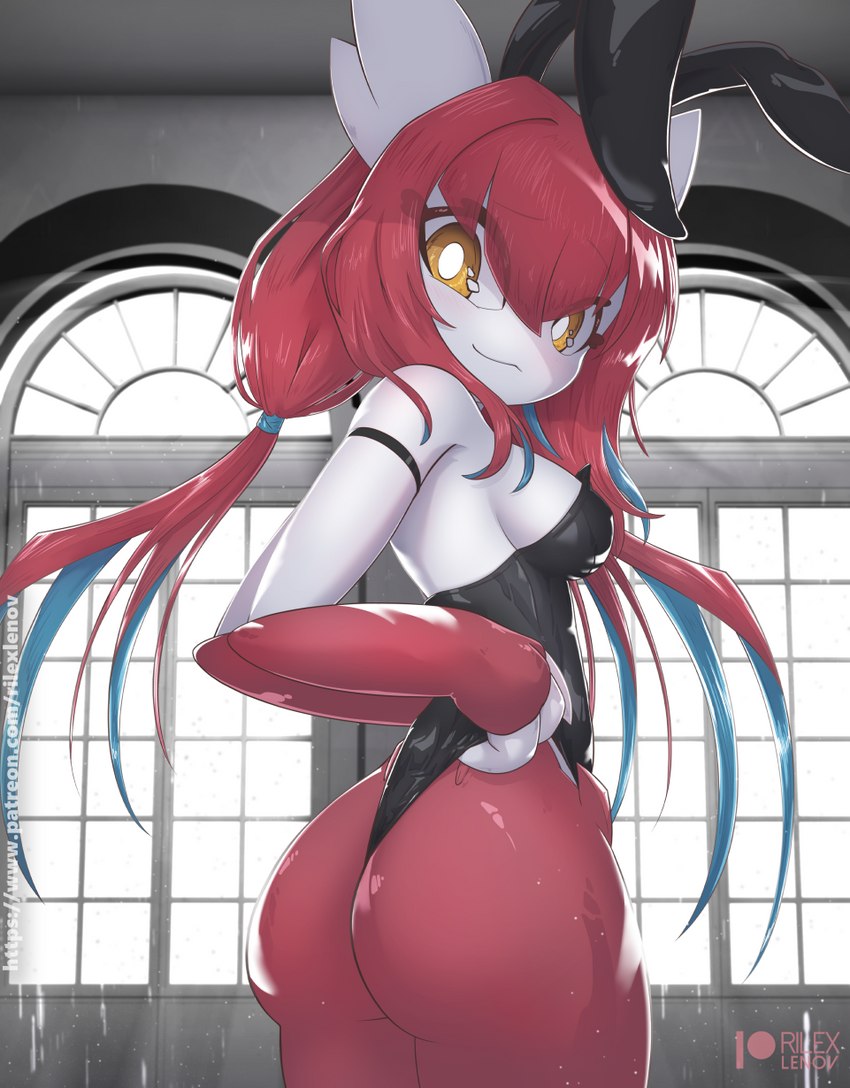 anthro anthrofied backless_clothing backless_leotard big_butt blush breasts bunny_costume butt clothing clothing_pull costume fake_ears fake_rabbit_ears female hair legwear leotard leotard_pull long_hair looking_at_viewer looking_back open-back_leotard playboy_bunny pokemorph red_hair smile solo yellow_eyes rilex_lenov nintendo pokemon generation_3_pokemon humanoid latias legendary_pokemon pokemon_(species) pokemon_humanoid 2022 hi_res