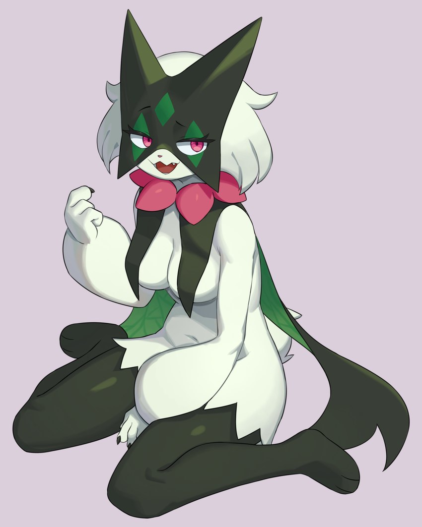 anthro big_breasts blush breasts female fingers fur green_body green_fur pseudo_clothing pseudo_thigh_highs simple_background smile solo thick_thighs flowerpigeon73 nintendo pokemon felid feline generation_9_pokemon mammal meowscarada pokemon_(species) 4:5 absurd_res hi_res