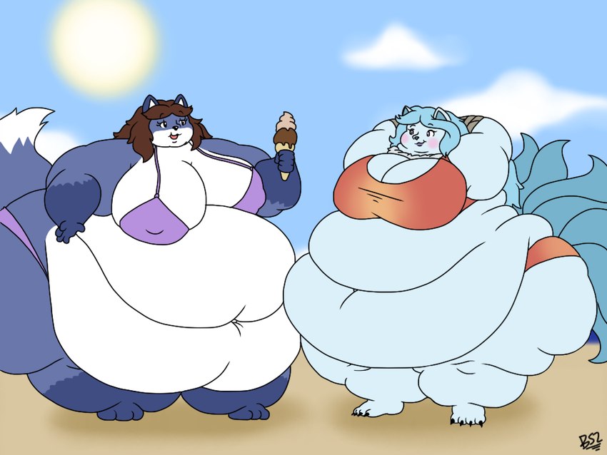 3_toes 4_toes 5_fingers anthro bandage bandaged_arm barefoot beach belly big_belly big_breasts big_butt bikini biped black_claws black_eyebrows black_eyes black_nose blue_body blue_fur blue_hair blue_nose blush breasts brown_hair butt claws clothing cloud dessert double_chin duo ear_markings eye_contact eyebrow_through_hair eyebrows eyelashes feet female fingers flabby_arms food front_view fur glistening glistening_nose gloves_(marking) hair hands_behind_head holding_food holding_object huge_belly huge_breasts huge_butt huge_hips huge_thighs hyper hyper_belly hyper_butt hyper_hips hyper_thighs ice_cream leg_markings lips looking_at_another love_handles markings midriff morbidly_obese morbidly_obese_anthro morbidly_obese_female multi_tail multicolored_body multicolored_fur navel neck_tuft nipple_outline obese obese_anthro obese_female overweight overweight_anthro overweight_female pink_blush pink_tongue purple_bikini purple_clothing purple_eyes purple_swimwear red_bikini red_clothing red_swimwear seaside sky smile socks_(marking) standing string_bikini sun swimwear tail tail_markings tail_tuft tankini thick_lips thick_thighs three-quarter_view toe_claws toes tongue translucent translucent_hair tuft two-piece_swimsuit white_body white_fur wide_hips batspid2 chloe_(batspid2) yulia_(fffandever) arctic_fox canid canine fox mammal true_fox 2018 4:3 digital_drawing_(artwork) digital_media_(artwork) flat_colors full-length_portrait portrait signature