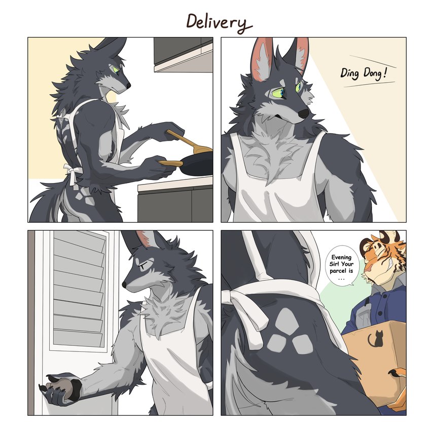 anthro apron apron_only box butt butt_shot cabinet clothing container cooking delivery_(commerce) delivery_employee dialogue duo male opening_door pan solo spatula tools tupidwithouts canid canine canis felid mammal pantherine tiger wolf 1:1 absurd_res comic hi_res