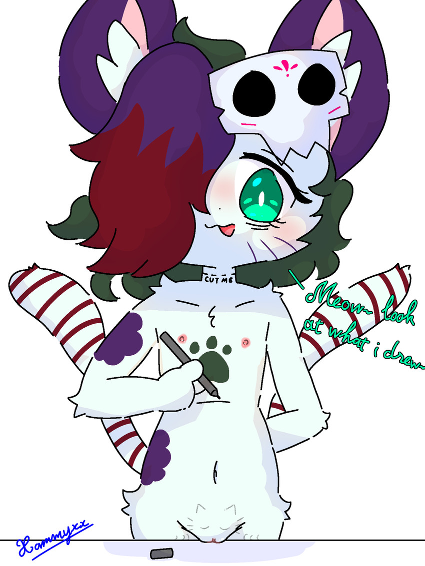 2_tails adolescent anthro chest_markings drawing_on_body eyelashes female flat_chested fur genitals green_body green_eyes green_fur green_hair hair holding_object holding_pen inner_ear_fluff looking_at_viewer markings mask mask_only multi_tail multicolored_hair navel nipples nude nude_anthro nude_female open_mouth pen pink_inner_ear pink_nipples purple_body purple_ears purple_fur purple_hair red_hair red_tail short_hair simple_background solo standing striped_markings striped_tail stripes tail tail_markings talking_to_viewer tuft vulva white_background white_body white_fur white_inner_ear_fluff white_tail young young_anthro young_female xammyxx demi_(xammyxx) domestic_cat felid feline felis mammal 2026 3:4 digital_media_(artwork) hi_res ibispaint_(artwork) shaded signature watermark