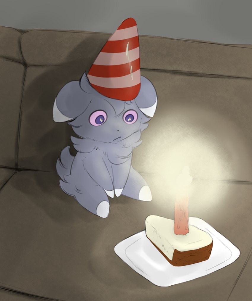 ambiguous_gender cake candle clothing dessert feral food hat headgear headwear party_hat sitting solo stare staring_at_light plantedpot nintendo pokemon sad_birthday_cat espurr felid feline generation_6_pokemon mammal pokemon_(species) hi_res meme