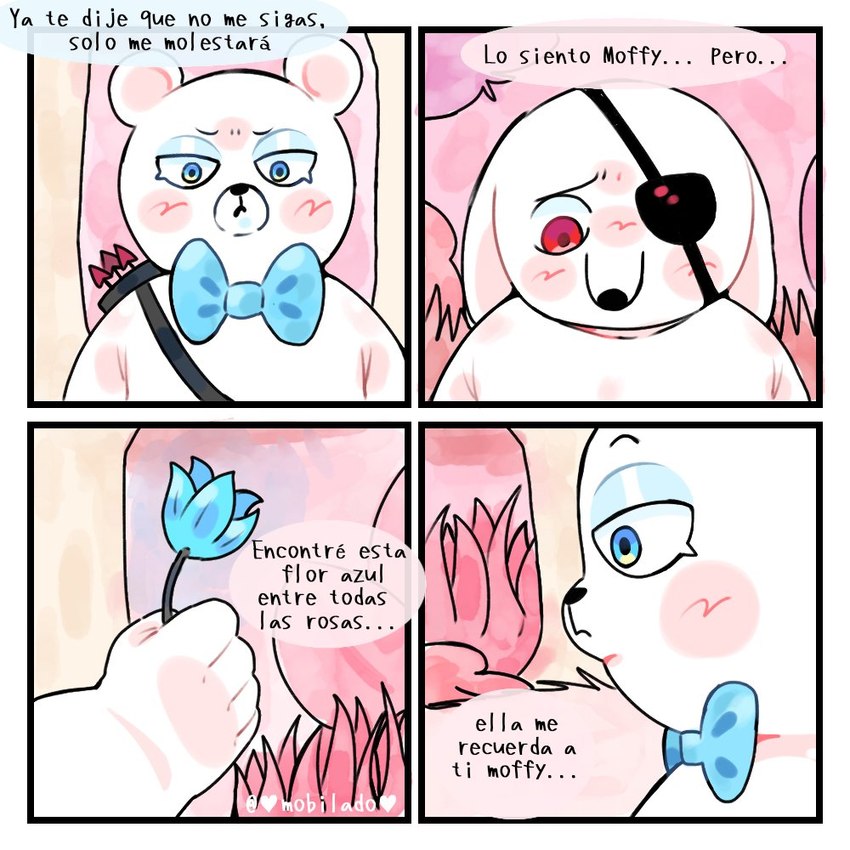 anthro biped blue_eyes blush bow_tie dialogue duo eye_patch eyewear flower plant text gisllays unicorn_blood_(short_film) gregorio_(unicorn_blood) moffy_(unicorn_blood) bear mammal 1:1 2023 comic spanish_text translated