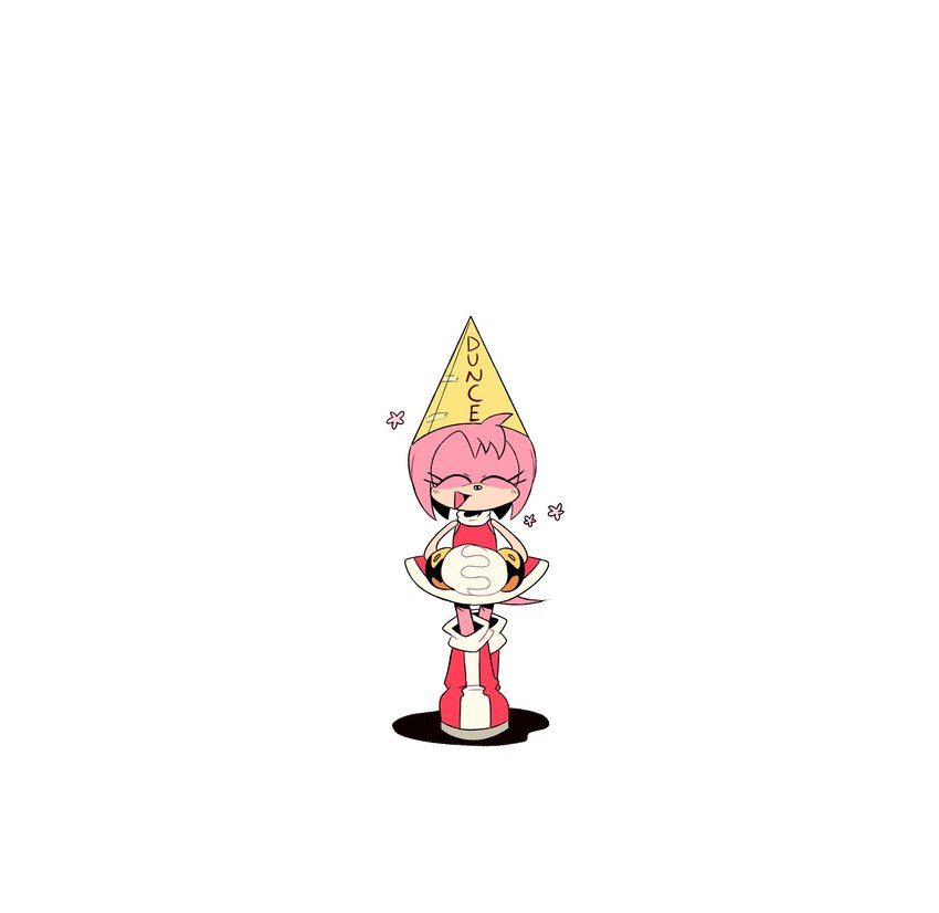 anthro clothing dunce_cap eyes_closed female fur happy hat headgear headwear pink_body pink_fur shitpost simple_background smile solo thin_thighs white_background spinstellar sega sonic_the_hedgehog_(series) amy_rose eulipotyphlan hedgehog mammal 2023 hi_res meme