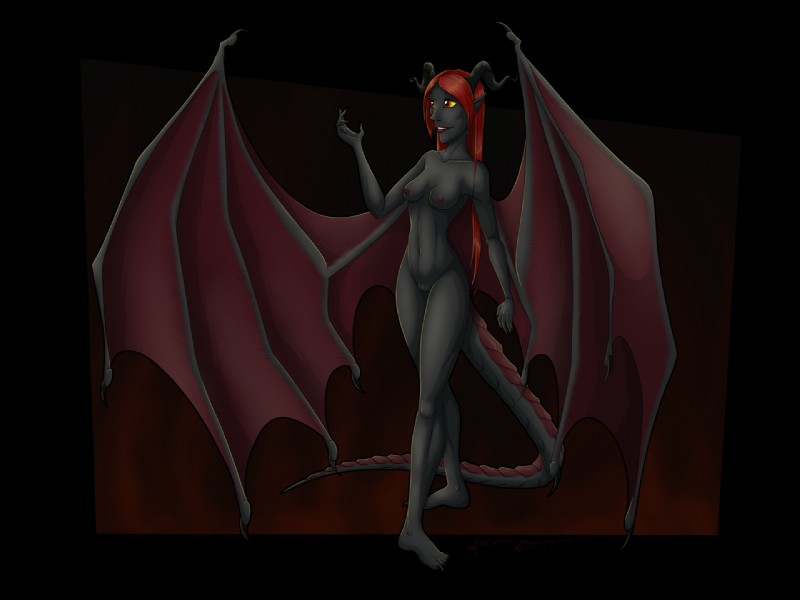 5_fingers biped black_body black_skin breasts dragon_wings female fingers genitals hair horn nipples nude pussy red_hair solo wings ascar_angainor demon humanoid 2018 4:3 signature