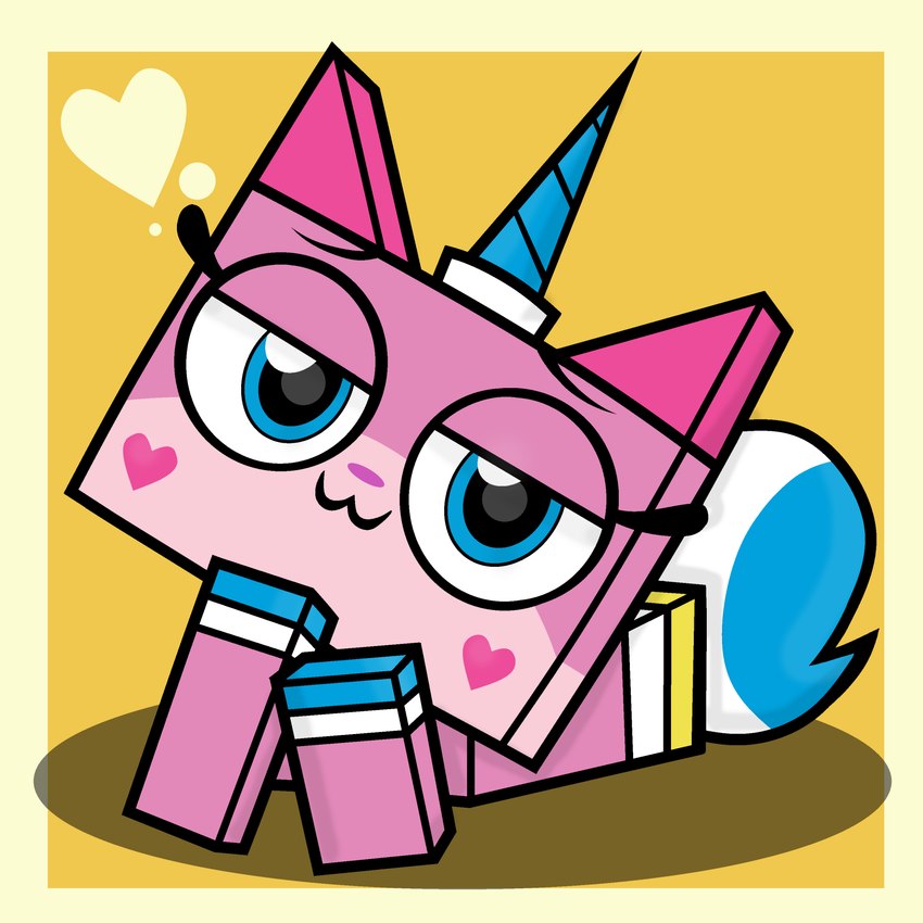 blue_eyes blue_horn eyelashes female heart_symbol horn lidded_eyes looking_at_viewer lying on_front on_model pink_body pose simple_background solo yellow_background grapefruit-face cartoon_network lego the_lego_movie unikitty! loveheart unikitty domestic_cat felid feline felis mammal 1:1 2021 digital_media_(artwork) flat_colors hi_res