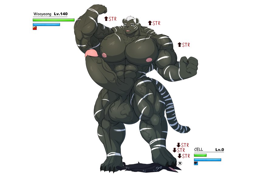 anthro attribute_theft big_muscles duo gameplay_mechanics growth huge_muscles hyper hyper_muscles level_drain male male/male muscle_growth muscle_theft muscular size_theft stepped_on unknown_(artist) cell_(unknown) canid canine canis felid mammal pantherine tiger wolf absurd_res hi_res