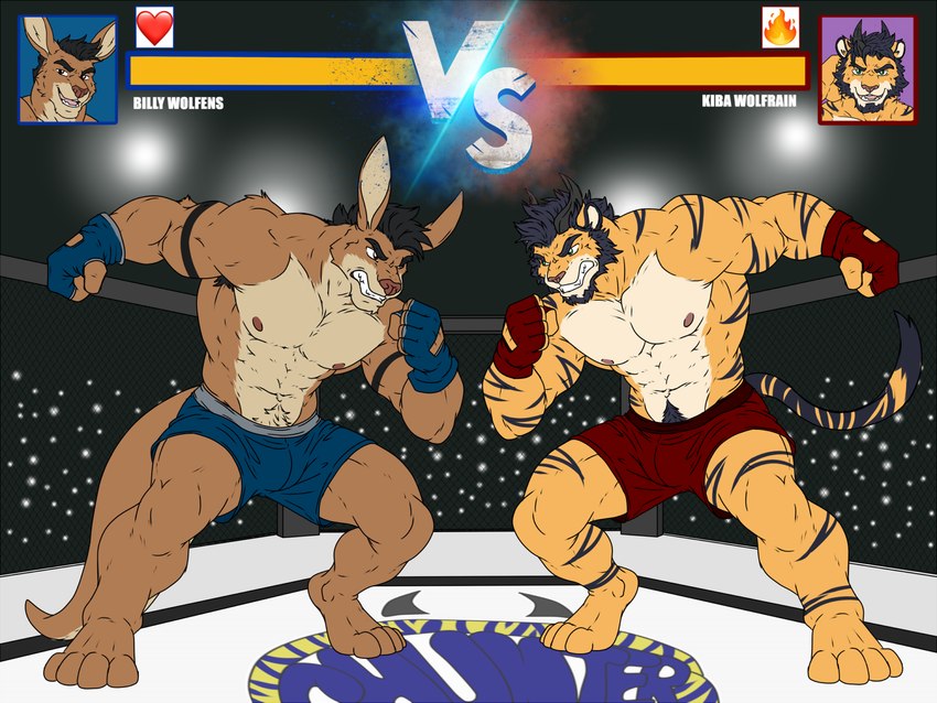 anthro bulge duo face_to_face fight fighting_ring gameplay_mechanics gui health_bar kangarro kiba_wolrain male muscular pubes short stripes tournament wrestler wrestling hunterramirez billy_wolfens felid feline kangaroo macropod mammal marsupial pantherine tiger 4:3