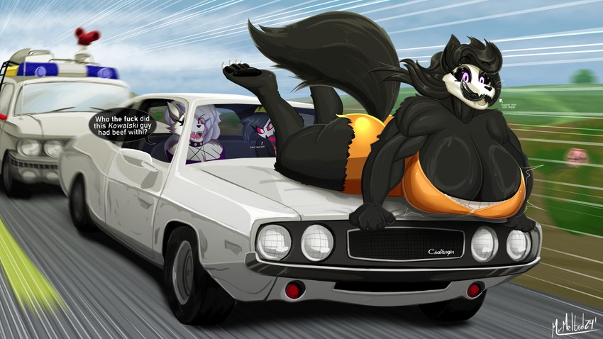 anthro big_breasts black_body black_fur black_pawpads black_tongue bone breasts butt car claws clothing eyebrows female fingers fur group huge_breasts inside_car inside_vehicle muscular muscular_anthro muscular_female pawpads profanity skull skull_head tail text toe_claws tongue tongue_out trio vehicle white_body white_fur mrmelted cadillac dodge_challenger ghostbusters helluva_boss mythology scp_foundation loona_(helluva_boss) octavia_(helluva_boss) scp-1471-a avian avian_demon bird canid canid_demon canine demon hellhound malo mammal mythological_canine mythological_creature owl owl_demon 16:9 2024 absurd_res english_text hi_res widescreen