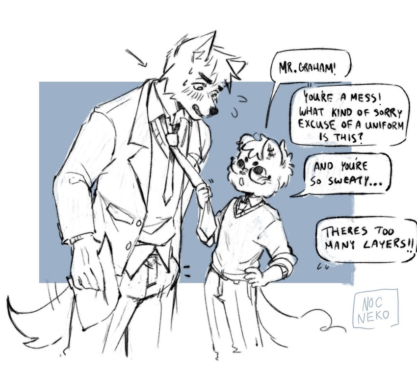 age_difference anthro dialogue dominant duo male male/male size_difference speech_bubble student teacher teacher_and_student text young nocneko coco_(nocneko) mr._graham_(nocneko) canid canine felid feline mammal english_text hi_res