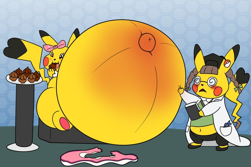 belly belly_blush belly_expansion big_belly big_navel bloated blush body_blush bow_ribbon close_to_bursting clothing cosplay_pikachu_(costume) cupcake eating eating_food expansion food green_clothing green_shirt green_t-shirt green_topwear huge_belly huge_navel huge_thighs hyper hyper_belly hyper_navel imminent_popping implied_popping inflation navel outie_navel plate shirt t-shirt thick_thighs topwear alvro nintendo pokemon pikachu_ph._d pikachu_pop_star generation_1_pokemon pikachu pokemon_(species) 2024 3:2 hi_res