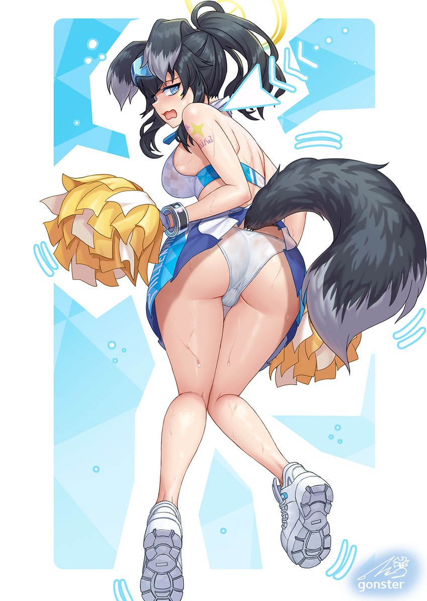 black_hair bodily_fluids bottomwear breasts butt cheerleader clothed clothing female hair panties pom_poms skirt solo sweat underwear upskirt gonster blue_archive hibiki_nekozuka animal_humanoid canid canid_humanoid canine canine_humanoid dog_humanoid humanoid mammal mammal_humanoid hi_res