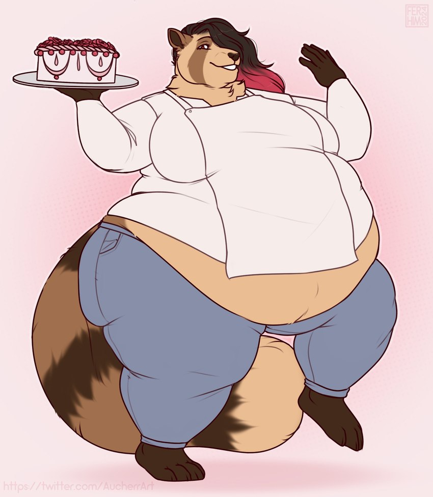 anthro apron belly big_belly black_hair black_nose bottomwear breasts brown_body brown_fur cake clothing denim denim_bottomwear denim_clothing dessert dress_shirt female food fur hair holding_food holding_object jeans long_hair looking_at_viewer overweight overweight_female pants pink_hair plate red_eyes shirt solo tail tan_body tan_fur teeth topwear undercut white_dress_shirt wide_hips aucherr mammal procyonid raccoon 2024 absurd_res hi_res