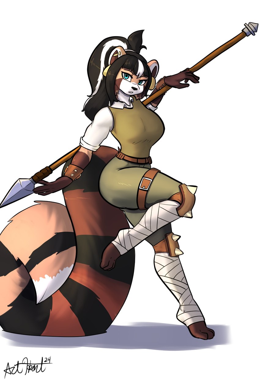 black_hair brown_body brown_fur ear_piercing female fur hair industrial_piercing long_hair melee_weapon piercing polearm spear weapon bear213 zettra_thorn ailurid mammal red_panda hi_res