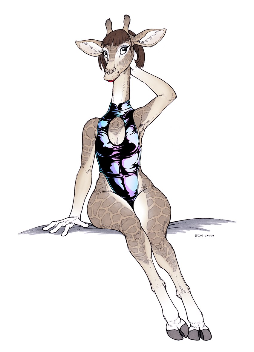 4_fingers anthro breasts brown_hair cleavage_cutout clothed clothing cloven_hooves cutout eyebrows eyelashes feet female fingers hair hooves horizontal_pupils horn inner_ear_fluff leotard ossicone pupils simple_background sitting smile solo tight_clothing toes tuft white_background ecmajor giraffe giraffid mammal 2023 dated digital_media_(artwork) hi_res