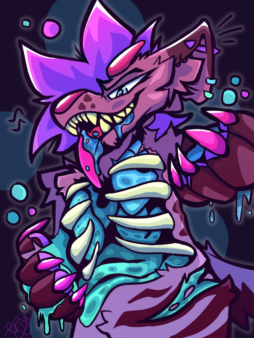 blue_eyes blue_insides bodily_fluids bone brown_body brown_fur claws dripping_blood drooling ear_piercing fur glare gore horn industrial_piercing male multiple_piercings open_mouth open_smile open_wound pawpads paws piercing pink_body pink_claws pink_fur pink_horn pink_nose pink_tongue purple_pawpads rib_cage saliva smile solo striped_body striped_fur stripes teeth tongue tannith_hyena tannith_(hyena) demon hybrid hyena mammal 3:4 hi_res pastel_theme