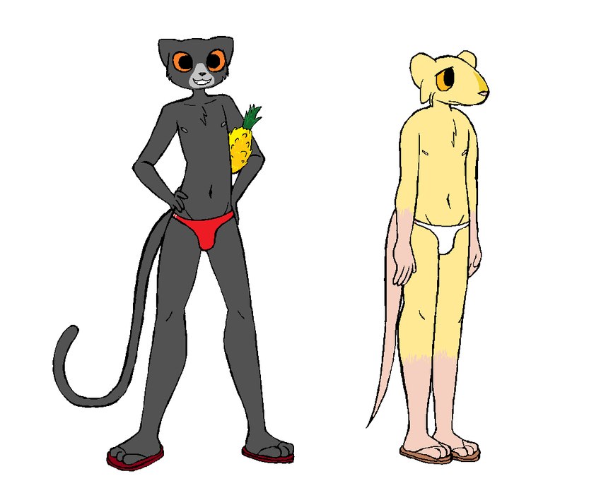 3_toes 4_fingers anthro areola bared_teeth biped black_body black_fur black_nose black_tail brown_tail cheek_tuft chest_tuft clothed clothed_anthro clothed_male clothing collarbone duo facial_tuft feet fingers food footwear fruit fur grey_areola grey_body grey_fur grey_nipples grin happy humanoid_feet humanoid_hands long_tail male male_anthro multicolored_body multicolored_clothing multicolored_fur navel nipples no_shading orange_sclera pineapple pink_areola pink_feet pink_hands pink_nipples pink_nose pink_tail plant plantigrade pupils red_clothing sandals shoes simple_background skinny skinny_anthro skinny_male small_nose smile speedo standing swimwear tail toes tuft white_background white_clothing skeletronic carl_(skeletronic) clancy_(skeletronic) domestic_cat felid feline felis mammal murid murine rat rodent colored digital_drawing_(artwork) digital_media_(artwork) flat_colors