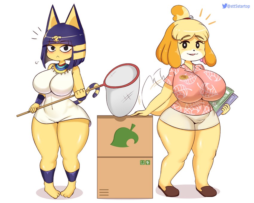 anthro big_breasts blush breasts camel_toe clothing dress duo female shirt simple_background tail tail_motion tailwag topwear white_background startop animal_crossing nintendo ankha_(animal_crossing) isabelle_(animal_crossing) canid canine canis domestic_cat domestic_dog felid feline felis mammal shih_tzu toy_dog 5:4 hi_res