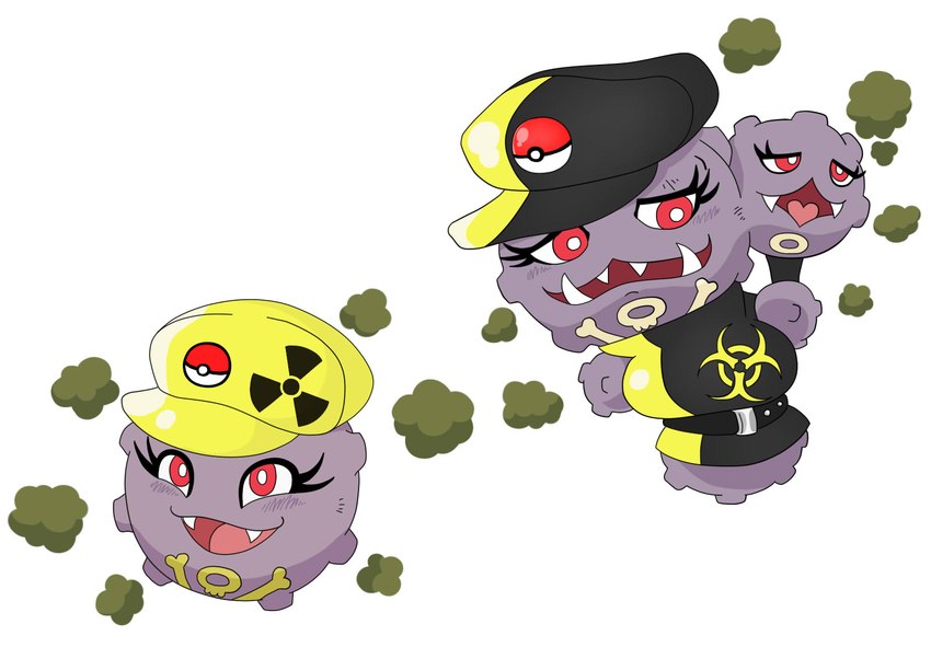 2_heads anthro armless belt big_breasts biohazard_symbol breasts clothed clothing duo evolutionary_family female hat hazard_symbol headgear headwear legless multi_head pokeball purple_body radiation_symbol red_eyes simple_background smoke standard_pokeball symbol teeth uniform white_background urusee584 nintendo pokemon generation_1_pokemon koffing pokemon_(species) weezing