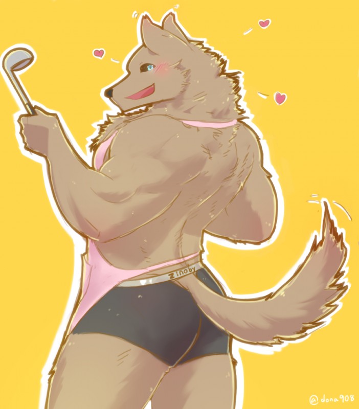 anthro apron briefs clothing fur heart_symbol male muscular muscular_anthro muscular_male open_mouth smile solo standing underwear dona908 zinovy canid canine mammal hi_res