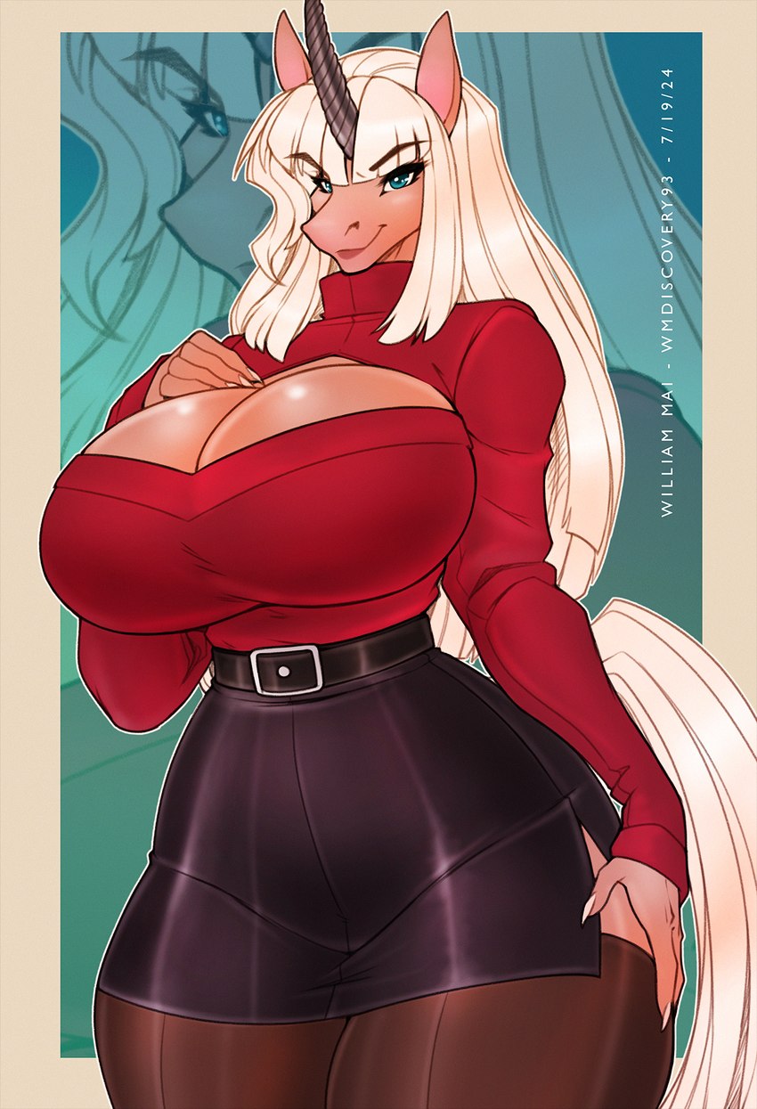 anthro big_breasts blonde_hair blue_eyes bottomwear breasts cleavage cleavage_cutout clothed clothing cutout female hair horn huge_breasts legwear long_hair long_sleeves pantyhose skirt solo thick_thighs wmdiscovery93 mythology equid equine mammal mythological_creature mythological_equine unicorn hi_res