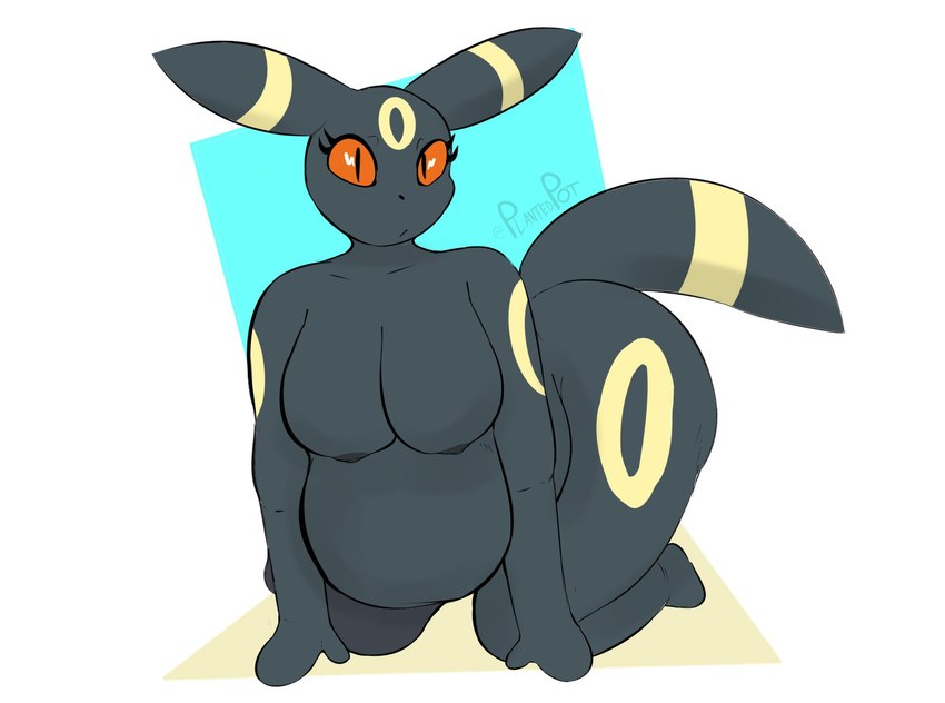 anthro belly big_breasts black_body black_fur black_nipples breasts eyelashes female fur looking_at_viewer markings nipples nude overweight overweight_anthro overweight_female red_sclera solo yellow_markings plantedpot nintendo pokemon eeveelution generation_2_pokemon mammal pokemon_(species) umbreon hi_res