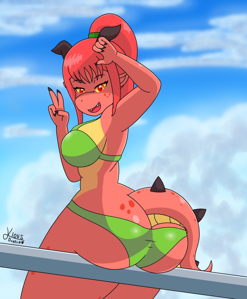 anthro big_breasts big_butt bikini breasts butt clothing female hair looking_at_viewer red_body red_hair smile solo swimwear tail thick_thighs two-piece_swimsuit klovs mythology drania_(klovs) dragon mythological_creature mythological_scalie scalie hi_res