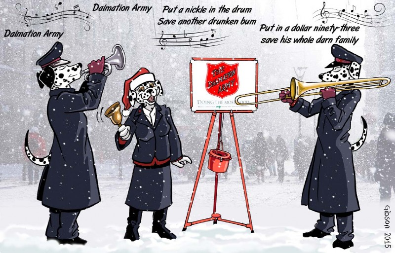 anthro bell brass_instrument brown_eyes bucket bugle clothed clothing coat container dress female group hat headgear headwear holding_musical_instrument holding_object holidays humor joke lyrics male music musical_instrument playing_music pun sign snow song spots text topwear trombone uniform wind_instrument roz_gibson christmas salvation_army canid canine canis dalmatian domestic_dog mammal 2015 comic english_text