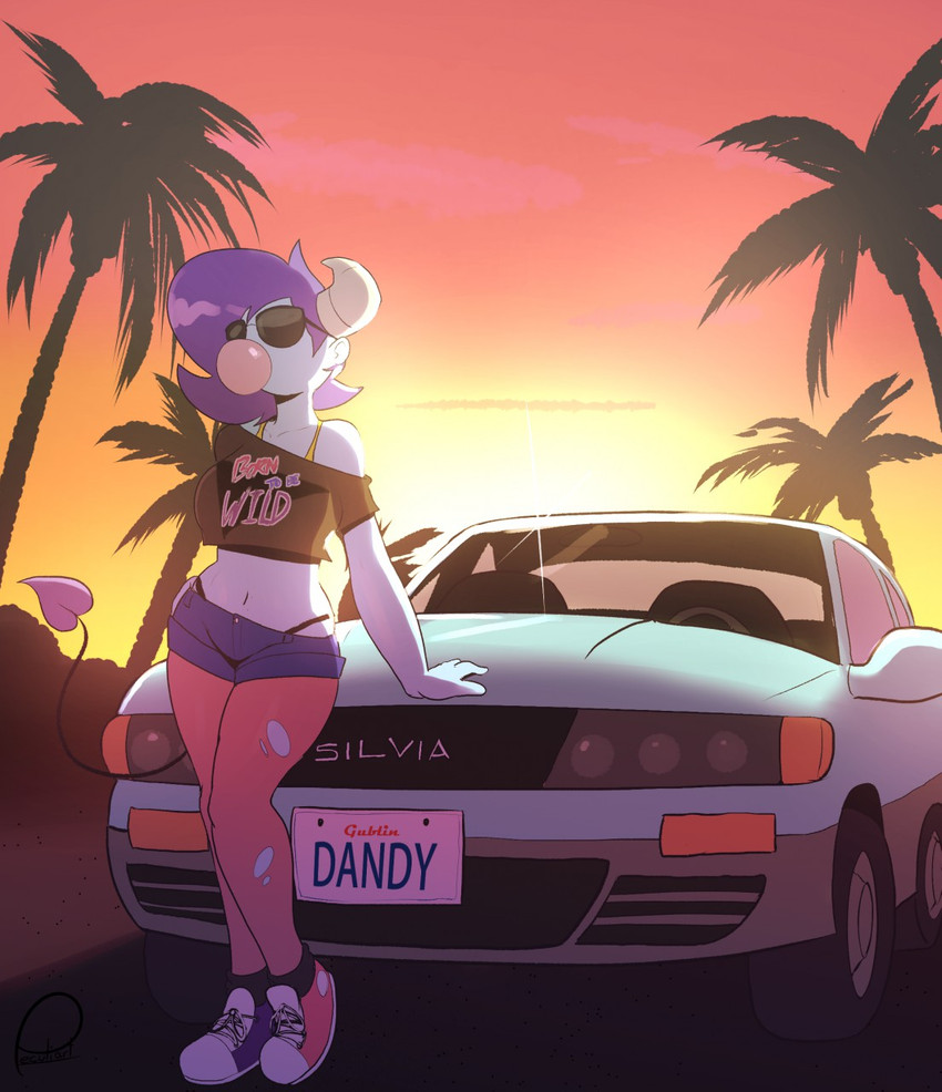 anthro blowing_bubble_gum bottomwear bra_strap bubble bubble_gum candy car car_hood clothed clothing cutoffs denim denim_bottomwear denim_clothing dessert eyewear female food gum hair horn hotpants inflating legwear license_plate navel off_shoulder on_hood palm_tree plant purple_hair shirt shorts solo spade_tail stockings sunglasses sunset tail tank_top text text_on_clothing text_on_shirt text_on_topwear thong_straps topwear torn_clothing torn_legwear torn_stockings tree vehicle peculiart nissan nissan_silvia s13 silvia_(peculiart) demon english_text hi_res