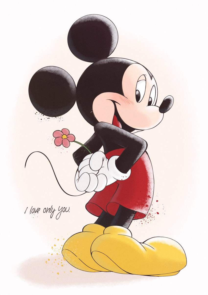 anthro blush clothing flower footwear gloves hands_behind_back handwear male open_mouth open_smile plant simple_background smile solo text tongue sh_disney disney mickey_mouse mammal mouse murid murine rodent 2020 english_text hi_res