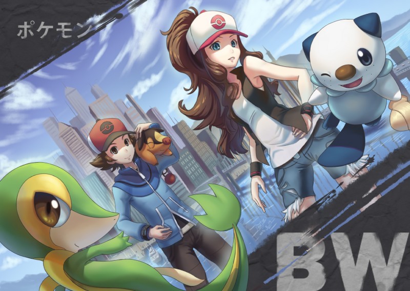 ambiguous_gender anthro blue_eyes bottomwear brown_eyes brown_hair city clothed clothing cloud denim denim_clothing eyes_closed female feral group hair hat headgear headwear looking_at_viewer male one_eye_closed open_mouth outside shell shorts sky smile starter_trio teeth tongue wink ho-oh_(artist) nintendo pokemon hilbert_(pokemon) hilda_(pokemon) generation_5_pokemon human mammal mustelid oshawott pokemon_(species) reptile scalie snivy suina tepig hi_res