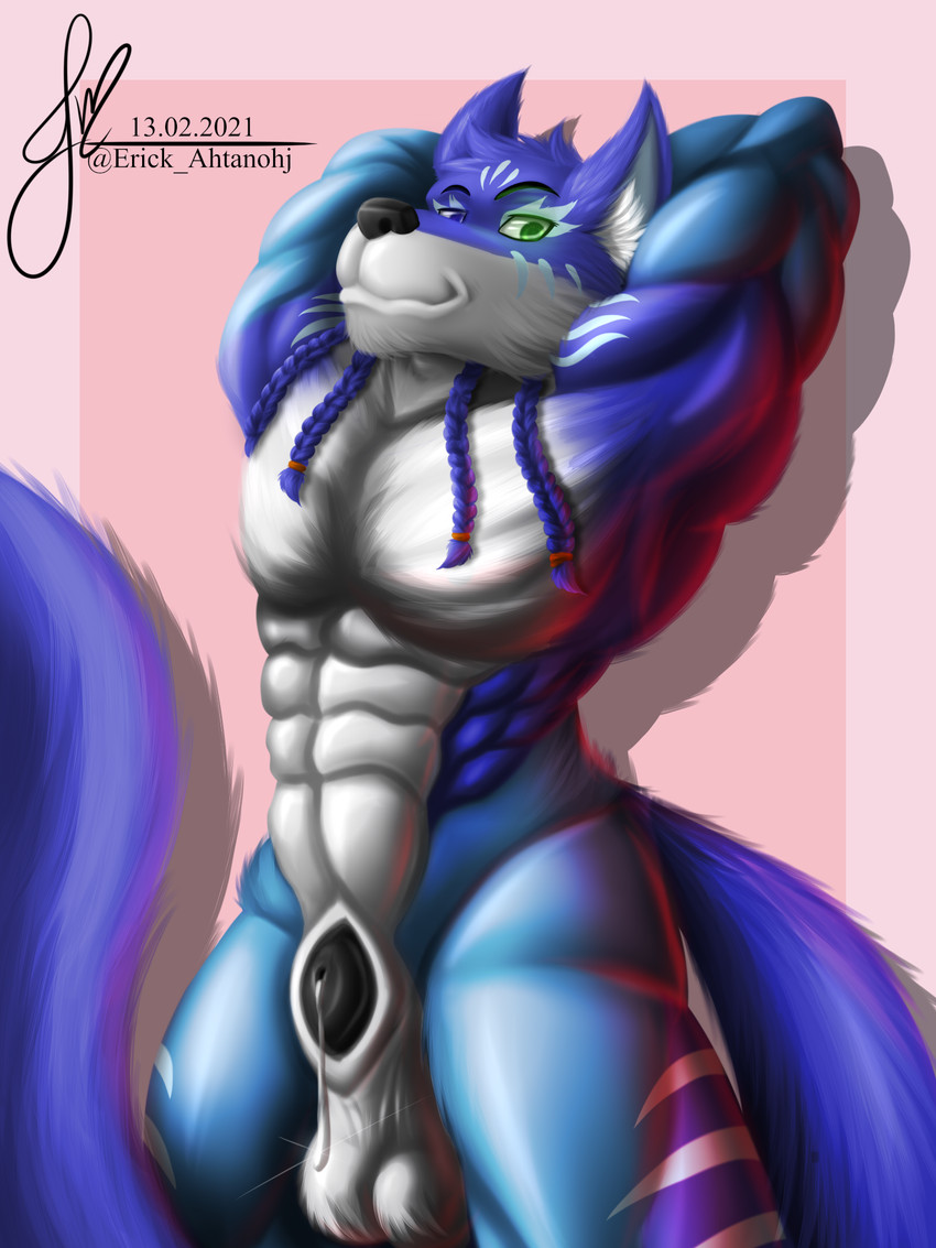 abs animal_genitalia anthro balls big_balls bodily_fluids dreadlocks dripping equine_genitalia fully_sheathed genital_fluids genitals heterochromia huge_balls male muscular muscular_anthro muscular_male penis precum precum_drip sheath solo erick_ahtanohj drake_forrester canid canine canis mammal wolf 3:4 hi_res