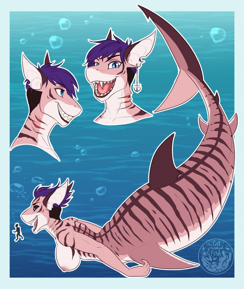 breasts ear_piercing fangs female gills hair nipples non-mammal_breasts nude open_mouth piercing purple_hair solo split_form striped_body stripes teeth thecatnamedfish fish_(thecatnamedfish) fish marine merfolk shark hi_res