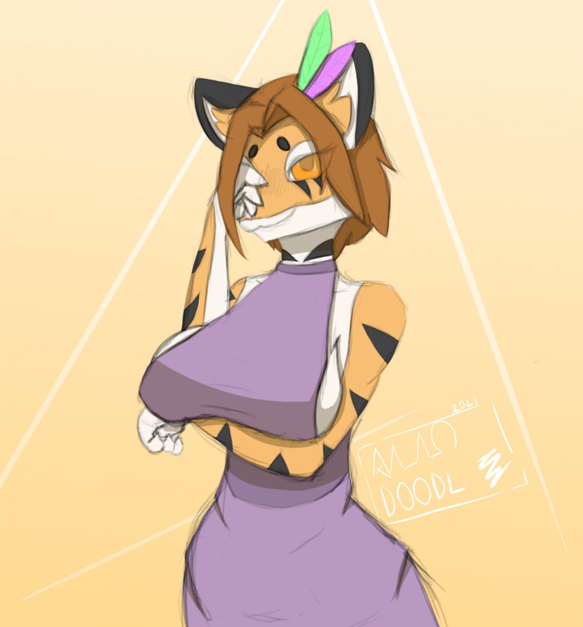 anthro big_breasts breasts clothing dress female halterneck huge_breasts smile solo allodoodl twokinds aerith_(twokinds) felid keidran mammal pantherine tiger hi_res