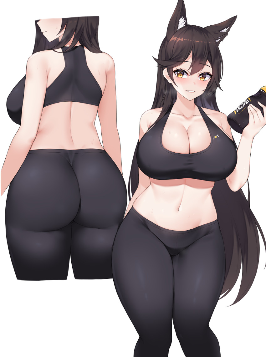 big_breasts big_butt black_hair bottle bottomwear bra breasts butt clothing container female hair long_hair pants simple_background smile solo sports_bra underwear water_bottle yellow_eyes yoga_pants kuavera azur_lane atago_(azur_lane) animal_humanoid canid canid_humanoid canine canine_humanoid fox_humanoid humanoid mammal mammal_humanoid