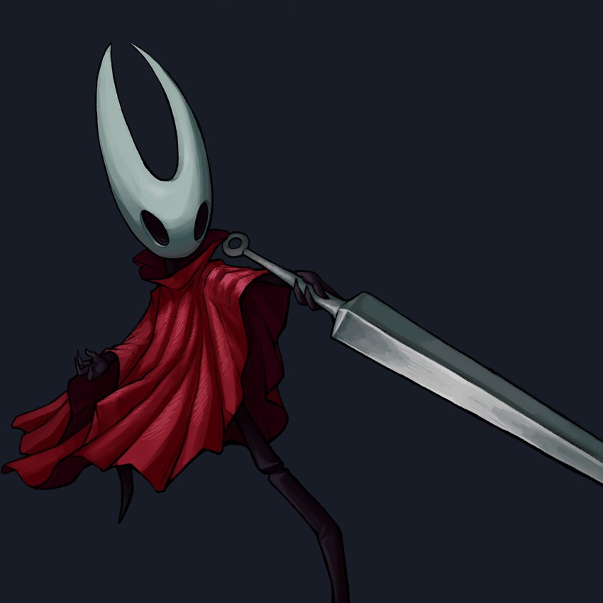 2_horns ambiguous_gender biped black_body black_eyes cloak clothing female fingers holding_melee_weapon holding_object holding_weapon horn melee_weapon pose red_cloak red_clothing simple_background solo standing weapon white_head pikefish hollow_knight team_cherry hornet_(hollow_knight) arthropod 1:1 2025 digital_media_(artwork) hi_res female_(lore)