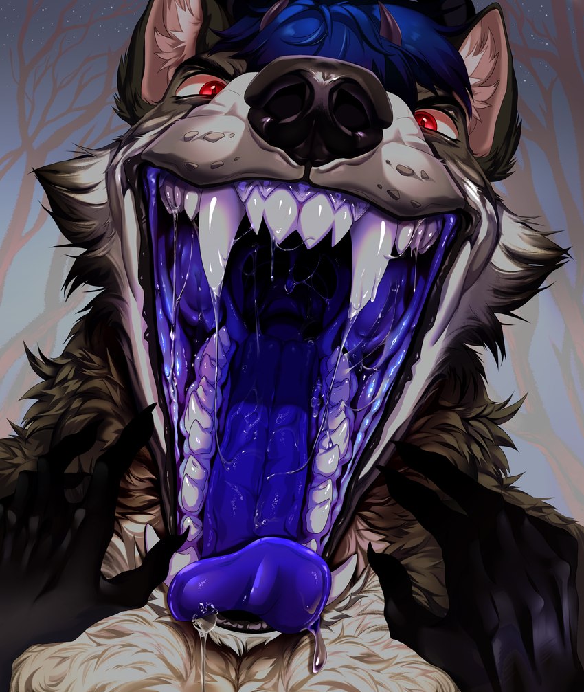 ambiguous_gender ambiguous_pov ambiguous_prey anthro anthro_pred blue_mouth bodily_fluids claws demonic demonic_eyes disembodied_hand dripping fangs first_person_view fur glistening grey_body grey_fur horn imminent_vore male mostly_offscreen_character mouth_shot open_mouth pov_hands pupils red_eyes saliva saliva_on_tongue saliva_string slit_pupils teeth throat tongue tongue_out uvula junkertrash myth_(mythdawuff) canid canine canis demon dire_wolf mammal prehistoric_species wolf absurd_res digital_media_(artwork) hi_res