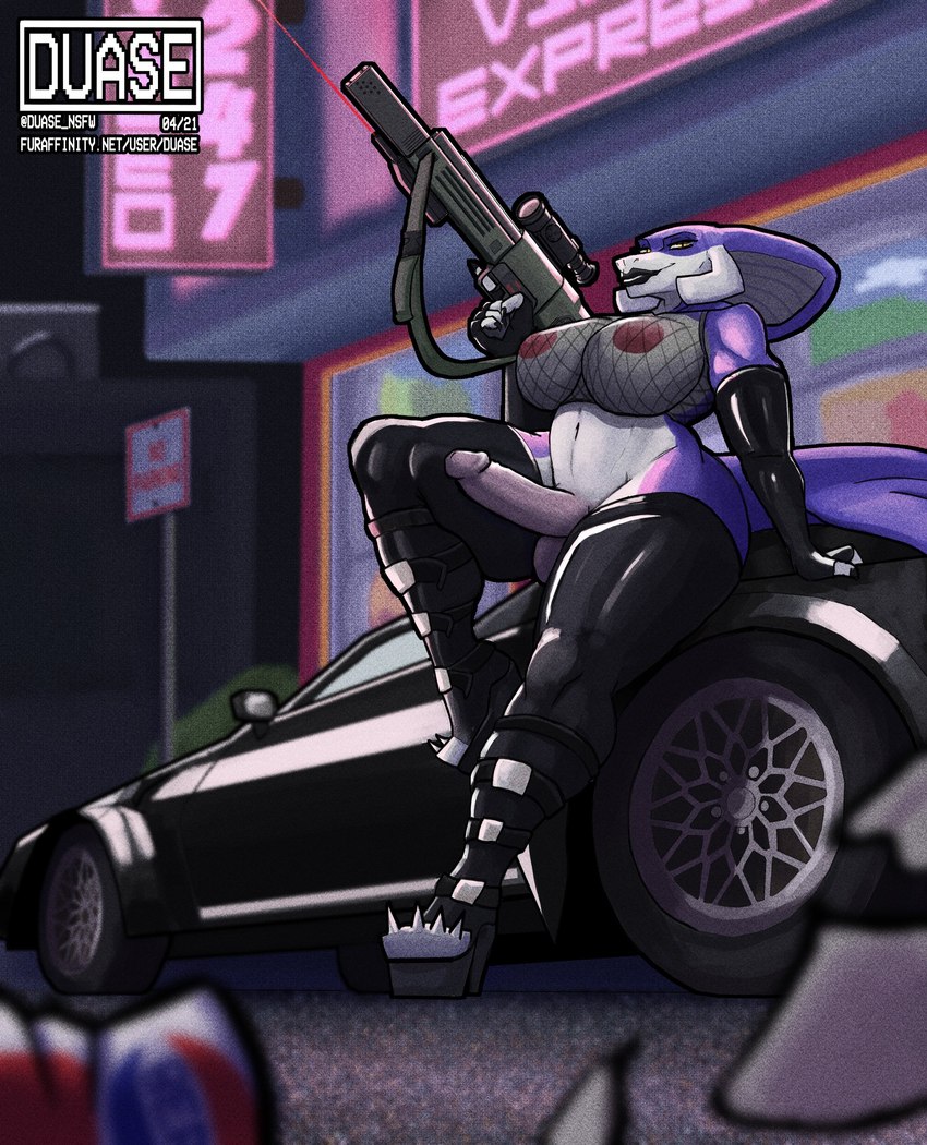 anthro balls big_breasts black_lipstick boots bottomless breasts building car cephalic_fin clothed clothing convenience_store curvy_figure fishnet_clothing fishnet_topwear footwear g11 genitals grainy gun gynomorph holding_gun holding_object holding_ranged_weapon holding_weapon huge_breasts humanoid_genitalia humanoid_penis intersex latex latex_clothing latex_legwear latex_thigh_highs leaning_on_car legwear lips lipstick looking_at_viewer makeup mesh_top multicolored_body narrowed_eyes navel night nipples non-mammal_breasts non-mammal_nipples on_car penis purple_body ranged_weapon rifle shoes sign snake_hood solo spiked_boots spiked_clothing spiked_footwear spikes text thick_lips thick_thighs thigh_boots thigh_highs topwear translucent translucent_clothing urban vehicle voluptuous weapon white_body duase cobray_(duase) cobra reptile scalie snake 2021 absurd_res digital_media_(artwork) hi_res url