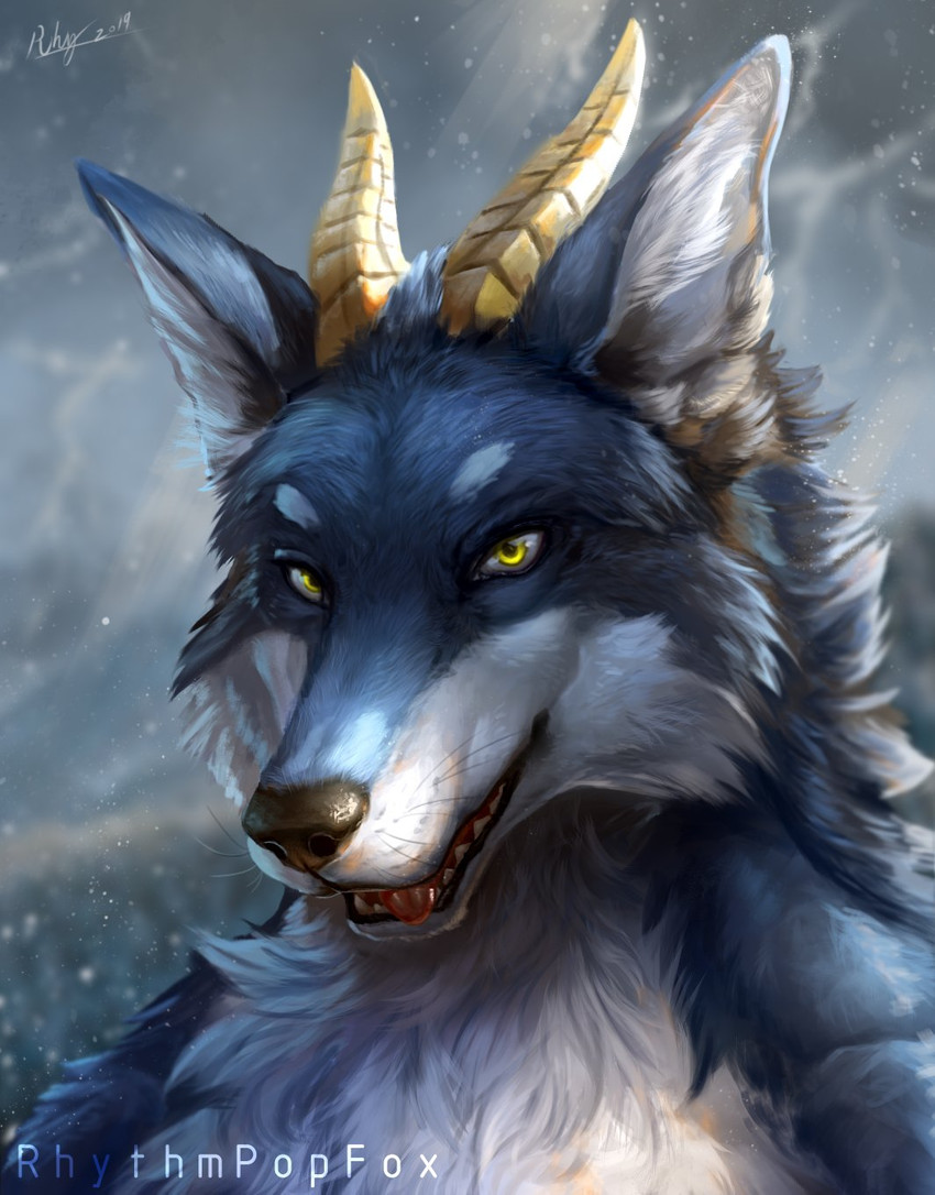 anthro black_nose blue_body blue_fur cheek_tuft detailed_fur facial_tuft fur horn inner_ear_fluff light male multicolored_body multicolored_fur sharp_teeth solo teeth tongue tuft two_tone_body two_tone_fur whiskers white_body white_fur yellow_eyes rhythmpopfox canid canine canis mammal wolf 2019 bust_portrait detailed hi_res lighting portrait signature