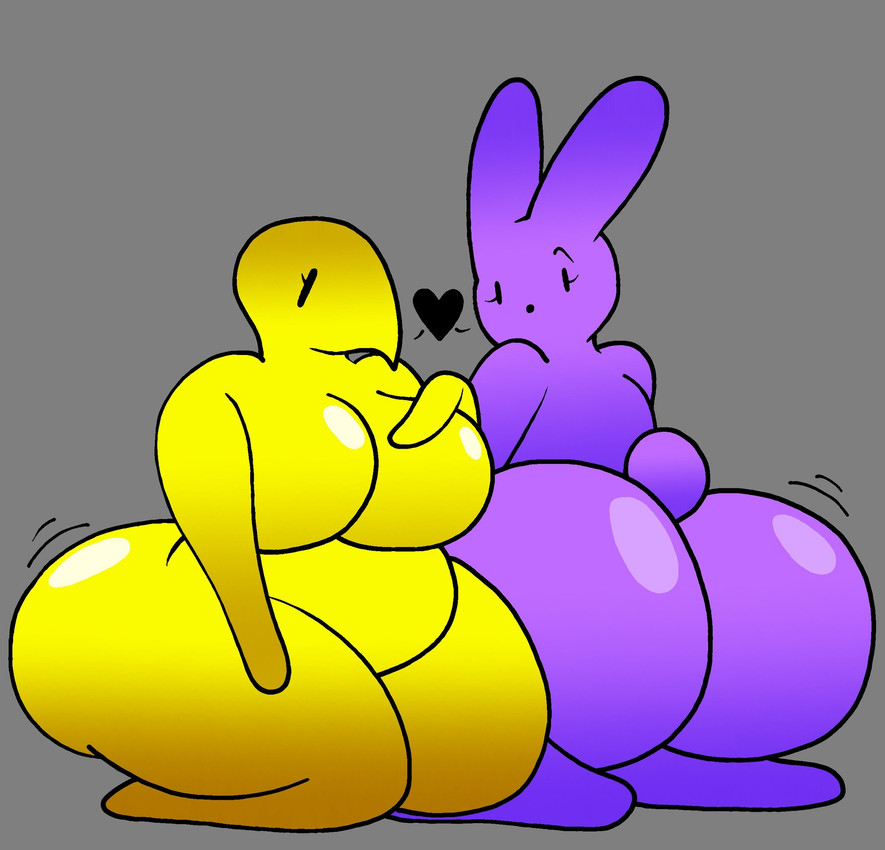 anthro big_breasts big_butt black_heart breasts bubble_butt butt duo eyelashes featureless_breasts female food glistening glistening_breasts glistening_butt grey_background heart_symbol holidays huge_butt kneeling nude nude_anthro nude_female purple_body scut_tail seiza short_tail simple_background sitting tail thick_thighs yellow_body lucaslora easter peeps avian bird chicken food_creature galliform lagomorph leporid mammal phasianid rabbit 2025 hi_res