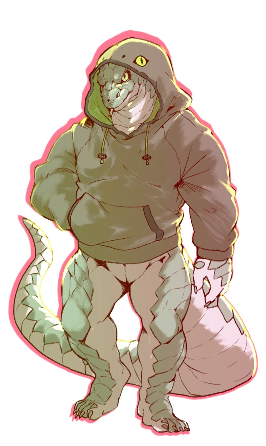 5_toes anthro biped bottomless brown_clothing brown_hoodie brown_topwear claws clothed clothing feet forked_tongue green_body green_scales green_tail hand_in_pocket hoodie hoodie_only humanoid_feet humanoid_hands male muscular muscular_anthro muscular_male muscular_thighs plantigrade pockets pupils scales slit_pupils solo tail toes tongue tongue_out topwear topwear_only two_tone_tail white_body white_scales white_tail heylaw21 chinese_zodiac year_of_the_snake reptile scalie snake 2025 colored hi_res