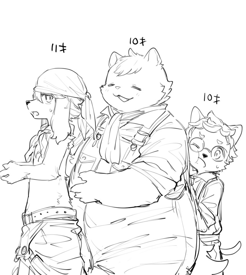 anthro clothing eyewear glasses group kerchief male nerd overalls overweight overweight_male sagging_pants shirtless young young_anthro hit_ton_ton cyberconnect2 fuga:_melodies_of_steel little_tail_bronx boron_brioche jin_macchiato socks_million basset_hound canid canine caninu canis domestic_cat domestic_dog felid feline felineko felis hunting_dog mammal scent_hound terrier hi_res monochrome