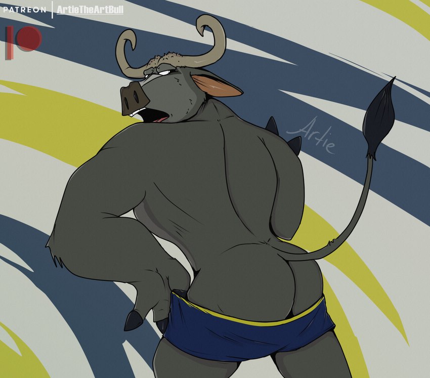 anthro bottomwear bottomwear_down butt clothed clothing fur horn looking_back male open_mouth partially_clothed rear_view shorts shorts_down shorts_only simple_background solo standing tail topless artietheartbull disney zootopia chief_bogo bovid bovine cape_buffalo mammal digital_media_(artwork) hi_res