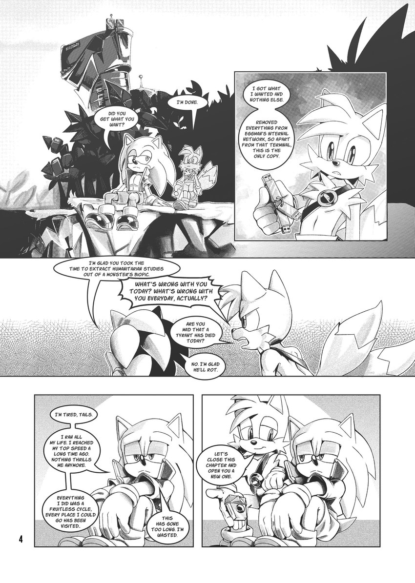 anthro base_three_layout blockage_(layout) bottomwear clothed clothing dialogue duo five_frame_image gloves handwear horizontal_blockage male pants shirt sitting text three_row_layout topwear missphase sega sonic_the_hedgehog_(series) miles_prower sonic_the_hedgehog canid canine eulipotyphlan fox hedgehog mammal absurd_res comic english_text hi_res monochrome