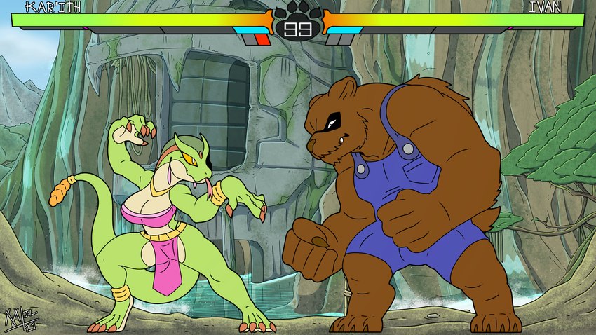 anthro athletic barefoot belly_dancer_outfit clothing detailed_background duo feet female fighting_game fighting_game_ui fighting_pose gameplay_mechanics gui health_bar imminent_fight imminent_violence male muscular overalls pose meatboom brutal_paws_of_fury fan_character ivan_(brutal_paws_of_fury) bear mammal reptile scalie snake 16:9 2021 hi_res widescreen